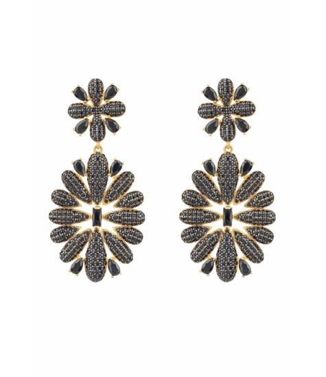 Novus Orbis - 'Babylon' Flower Drop Black Earrings in Gold