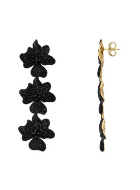 Novus Orbis - 'Jasmine' Black Flower Triple Drop Earrings in Gold