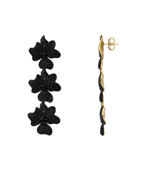 Novus Orbis - 'Jasmine' Black Flower Triple Drop Earrings in Gold