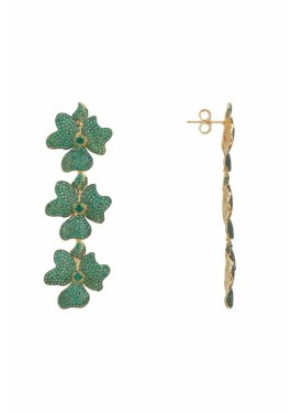 Novus Orbis - 'Jasmine' Emerald Green Flower Triple Drop Earrings in Gold