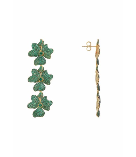 Novus Orbis - 'Jasmine' Emerald Green Flower Triple Drop Earrings in Gold