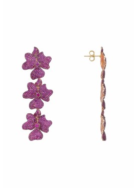 Novus Orbis - 'Jasmine' Ruby Pink Flower Triple Drop Earrings in Rosegold