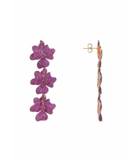 Novus Orbis - 'Jasmine' Ruby Pink Flower Triple Drop Earrings in Rosegold