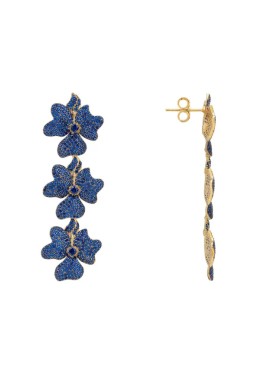 Novus Orbis - 'Jasmine' Sapphire Blue Flower Triple Drop Earrings in Gold