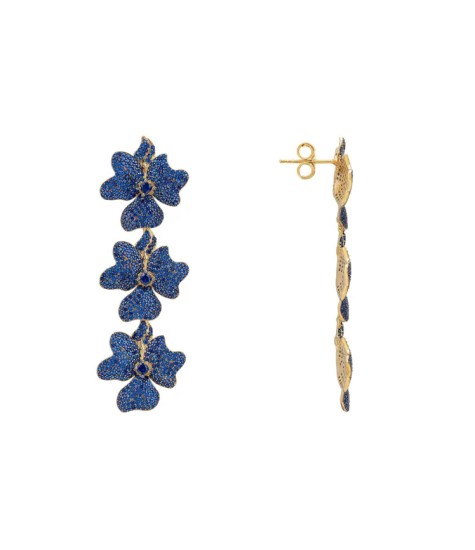 Novus Orbis - 'Jasmine' Sapphire Blue Flower Triple Drop Earrings in Gold