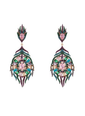 Novus Orbis - Peacock Colourful Feather Gemstone Earrings in Rose Gold