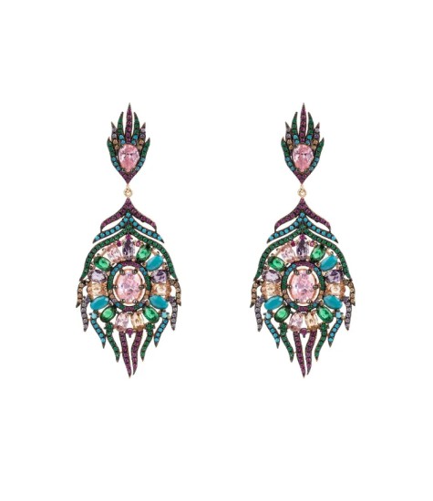 Novus Orbis - Peacock Colourful Feather Gemstone Earrings in Rose Gold