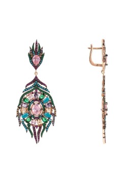 Novus Orbis - Peacock Colourful Feather Gemstone Earrings in Rose Gold